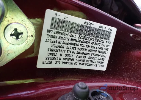 2015 Honda Civic Lx из США, поврежденный, VIN 19XFB2F5XFE238022